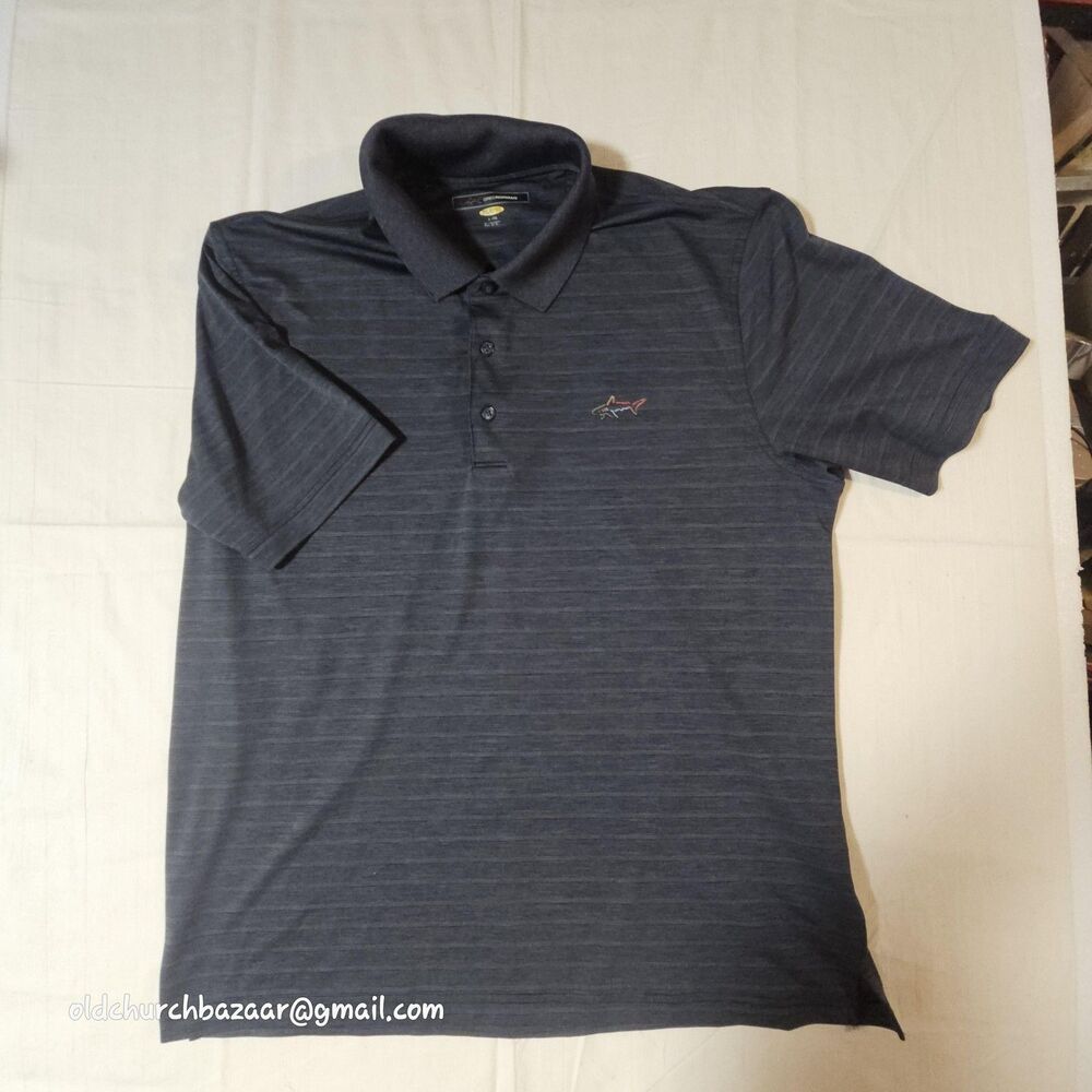 Greg Norman Play Dry Polo Shirt Mens XL Gray Stripe Golf Shark Logo Performance